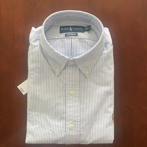 NEW with tags Ralph Lauren custom fit size large blue and white stripe shirt.
